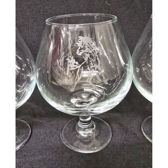 4 Etched 6" Glass Brandy Snifters Horse Deer & Floral Designs - Picture 3 of 5